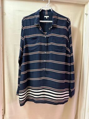 J.Crew 100% Silk Striped Button Down Shirt Navy Blue Red White XL